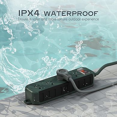 1250W Outdoor Weatherproof Power Strip- 50ft Cord: 4 Outlets - Shockproof - Flat Plug Wall-Mountable