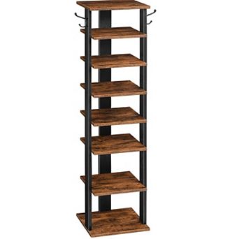 8 tier Vertical Shoe Rack, Wooden Shoe Storage Organizer with Hooks, Narrow Shoe Tower