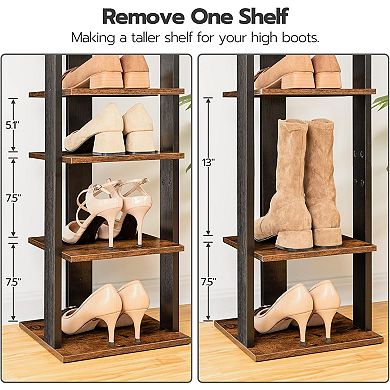 8 Tiers Vertical Shoe Rack, Wooden Shoe Storage Organizer with Hooks, Narrow Shoe Tower