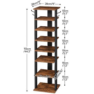 8 Tiers Vertical Shoe Rack, Wooden Shoe Storage Organizer with Hooks, Narrow Shoe Tower