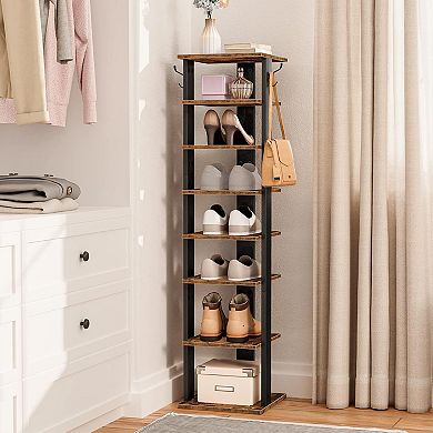 8 Tiers Vertical Shoe Rack, Wooden Shoe Storage Organizer with Hooks, Narrow Shoe Tower
