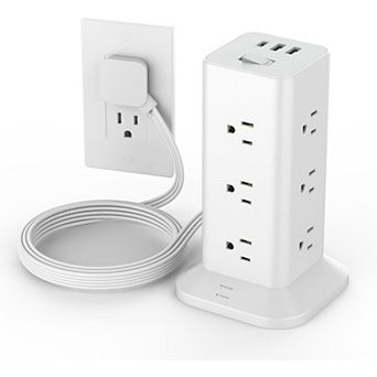 Surge Protector Tower (900J) - 6ft Flat Plug: 12 AC, 2 USB A, 1 USB C - Home/Dorm