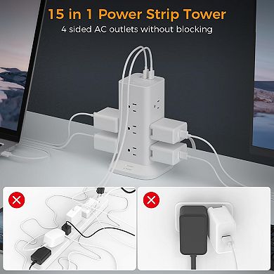 Surge Protector Tower (900J) - 6ft Flat Plug: 12 AC, 2 USB A, 1 USB C - Home/Dorm