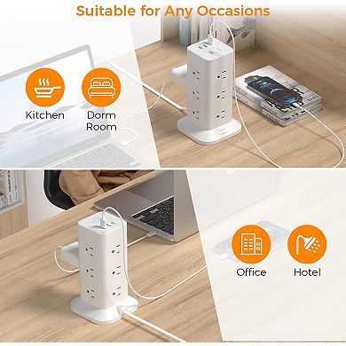 Surge Protector Tower (900J) - 6ft Flat Plug: 12 AC, 2 USB A, 1 USB C - Home/Dorm