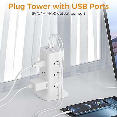 Surge Protector Tower (900J) - 6ft Flat Plug: 12 AC, 2 USB A, 1 USB C - Home/Dorm