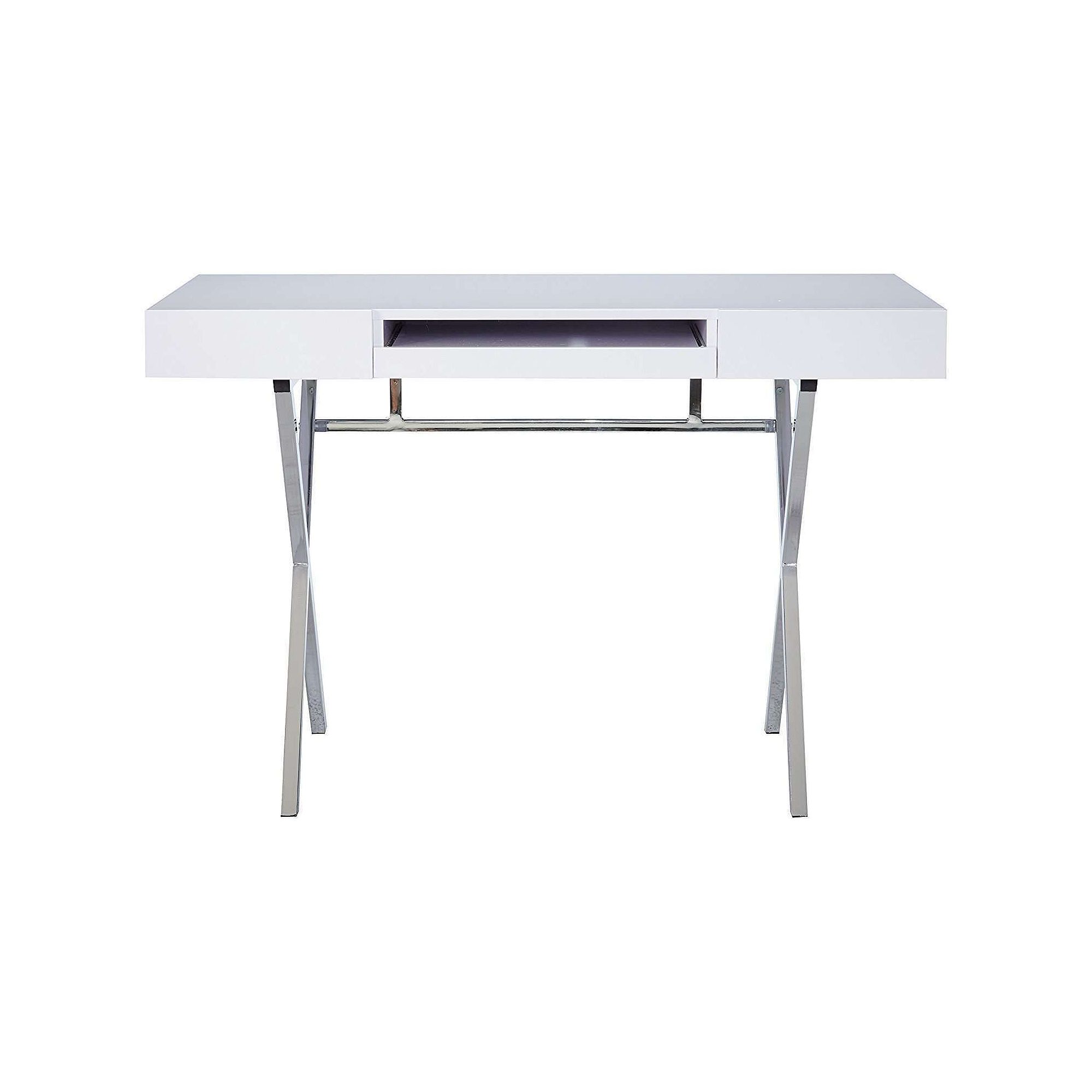 Front view of white workspace computer desk with keyboard tray