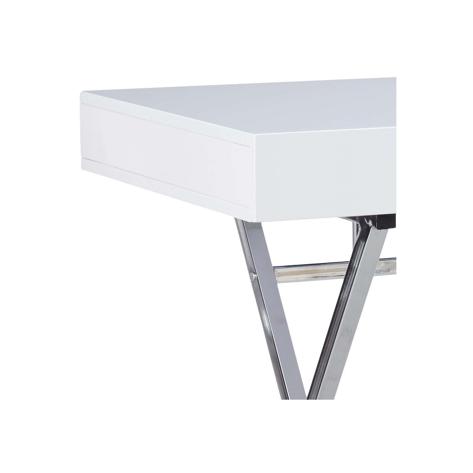 Close-up of white desk frame with silver crossed metal legs