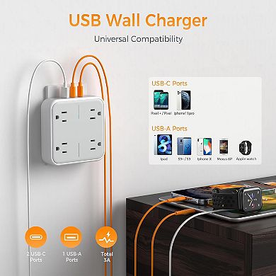 Multi Plug Extender - 4 Outlets + 3 USB (2 USB C) - Wide-Spaced Surge Protector - Home/Office