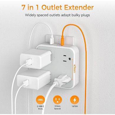 Multi Plug Extender - 4 Outlets + 3 USB (2 USB C) - Wide-Spaced Surge Protector - Home/Office