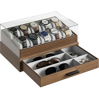 10-Slot Double-Layer Wooden Watch Display Case with Acrylic Cover for Watches,Sunglasses and Jewelry