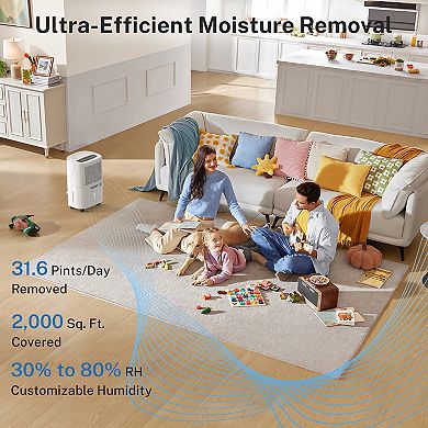 Yaufey 32 Pint Dehumidifier for 2,000 Sq. Ft Home with Drain Hose & Quiet with Humidity Control