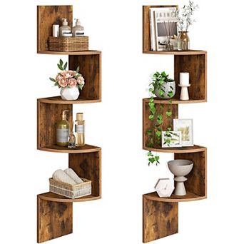 Set of 2 Floating Corner Shelves for Wall, 4 tier Corner Bookshelves