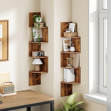 Set of 2 Floating Corner Shelves for Wall, 4-Tier Corner Bookshelves