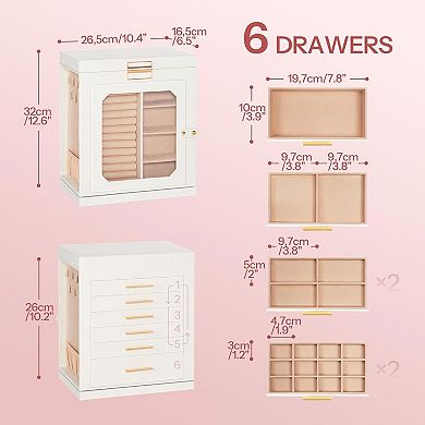 360° Rotating Jewelry Box, Jewelry Organizer with 6 Drawers, Glass Window
