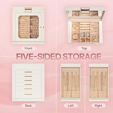 360° Rotating Jewelry Box, Jewelry Organizer with 6 Drawers, Glass Window