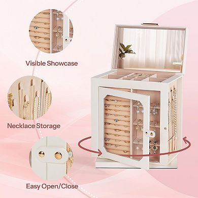 360° Rotating Jewelry Box, Jewelry Organizer with 6 Drawers, Glass Window