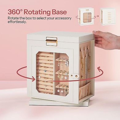 360° Rotating Jewelry Box, Jewelry Organizer with 6 Drawers, Glass Window