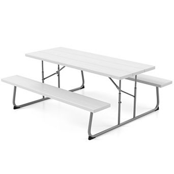Folding Picnic Table Set with Metal Frame and All-Weather HDPE Tabletop, Umbrella Hole