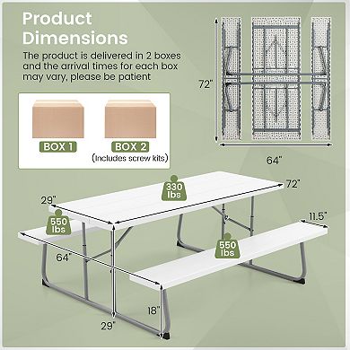 Folding Picnic Table Set with Metal Frame and All-Weather HDPE Tabletop, Umbrella Hole