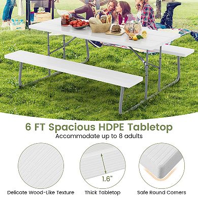 Folding Picnic Table Set with Metal Frame and All-Weather HDPE Tabletop, Umbrella Hole