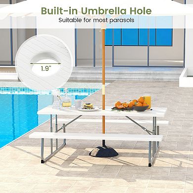 Folding Picnic Table Set with Metal Frame and All-Weather HDPE Tabletop, Umbrella Hole