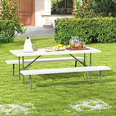 Folding Picnic Table Set with Metal Frame and All-Weather HDPE Tabletop, Umbrella Hole