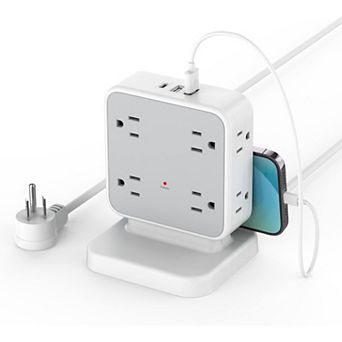 Surge Protector Tower (900J) - 8 AC, 2 USB A, 1 USB C - 5ft Flat Plug - Desk Charger: Home/Office
