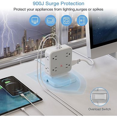 Surge Protector Tower (900J) - 8 AC, 2 USB A, 1 USB C - 5ft Flat Plug - Desk Charger: Home/Office