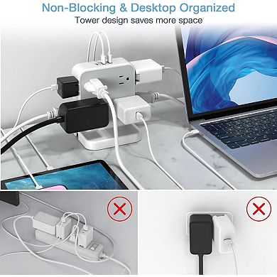 Surge Protector Tower (900J) - 8 AC, 2 USB A, 1 USB C - 5ft Flat Plug - Desk Charger: Home/Office