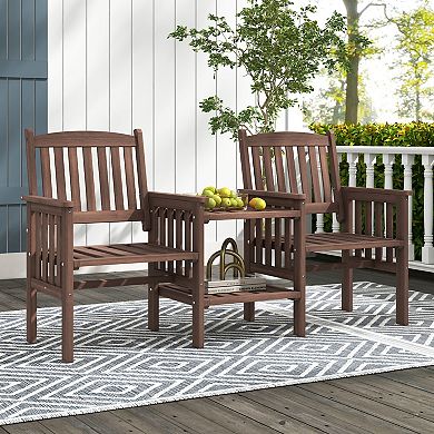 Outdoor Patio Loveseat Bench With Center Table And Umbrella Hole
