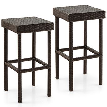 Set of 2 Patio Rattan Wicker Bar Stool Chairs with Footrest