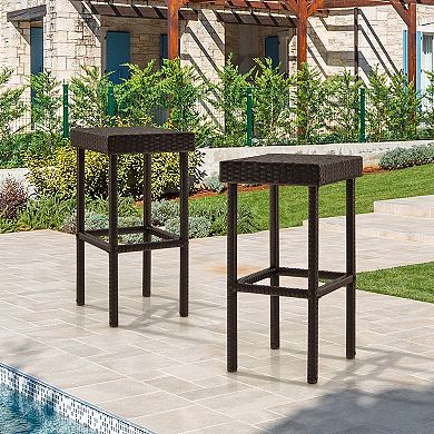 Set of 2 Patio Rattan Wicker Bar Stool Chairs with Footrest