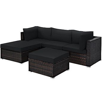 5 pc Patio Sectional Rattan Furniture Set with Ottoman Table-Black