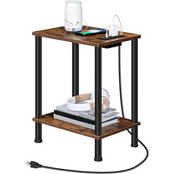 Side Table with Charging Station, USB Port and Outlet, Nightstand with 2-Layer Storage Shelves