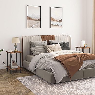 Side Table with Charging Station, USB Port and Outlet, Nightstand with 2-Layer Storage Shelves