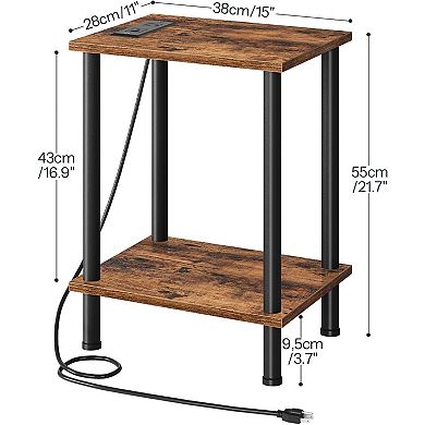 Side Table with Charging Station, USB Port and Outlet, Nightstand with 2-Layer Storage Shelves