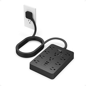 Black Surge Protector (1700J) - 10ft Flat Plug: 10 AC, 2 USB A, 1 USB C - Home/Office/College