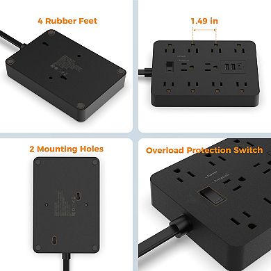 Black Surge Protector (1700J) - 10ft Flat Plug: 10 AC, 2 USB A, 1 USB C - Home/Office/College