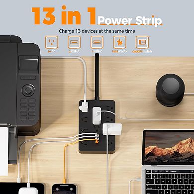 Black Surge Protector (1700J) - 10ft Flat Plug: 10 AC, 2 USB A, 1 USB C - Home/Office/College