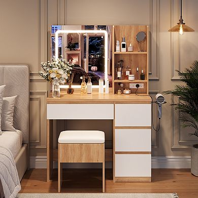 Vanity Desk with Mirror and Lights, Makeup Dressing Table with Storage Stool, Hair Dryer Holder