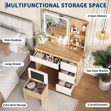 Vanity Desk with Mirror and Lights, Makeup Dressing Table with Storage Stool, Hair Dryer Holder