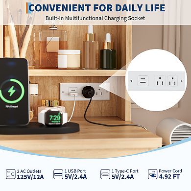 Vanity Desk with Mirror and Lights, Makeup Dressing Table with Storage Stool, Hair Dryer Holder