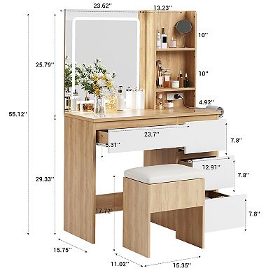 Vanity Desk with Mirror and Lights, Makeup Dressing Table with Storage Stool, Hair Dryer Holder