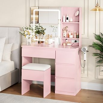 Vanity Desk with Mirror and Lights, Makeup Dressing Table with Storage Stool, Hair Dryer Holder