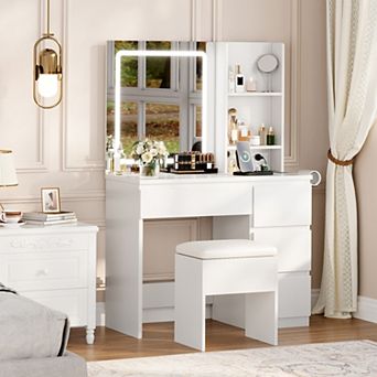 Vanity Desk with Mirror and Lights, Makeup Dressing Table with Storage Stool, Hair Dryer Holder