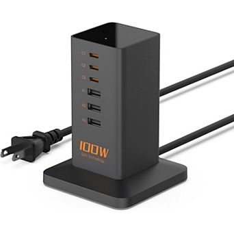 USB C PD 100W 6-in-1 Charger - Desktop Tower with 6 USB Ports for iPhone 16/15, MacBook, Tablet