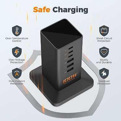 USB C PD 100W 6-in-1 Charger - Desktop Tower with 6 USB Ports for iPhone 16/15, MacBook, Tablet