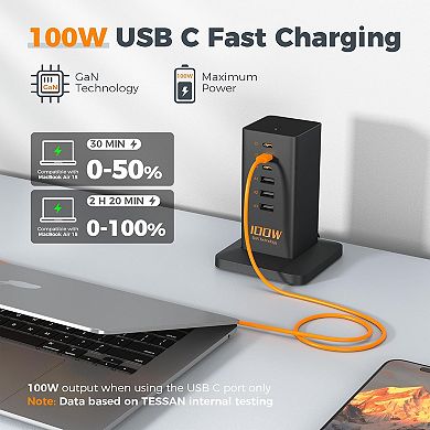 USB C PD 100W 6-in-1 Charger - Desktop Tower with 6 USB Ports for iPhone 16/15, MacBook, Tablet