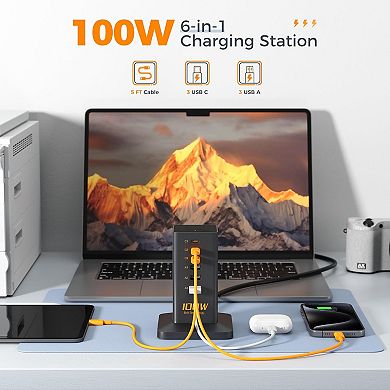 USB C PD 100W 6-in-1 Charger - Desktop Tower with 6 USB Ports for iPhone 16/15, MacBook, Tablet