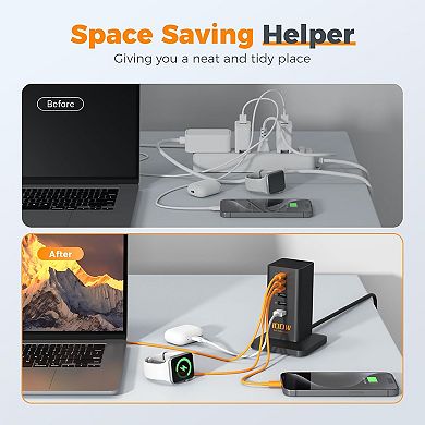 USB C PD 100W 6-in-1 Charger - Desktop Tower with 6 USB Ports for iPhone 16/15, MacBook, Tablet